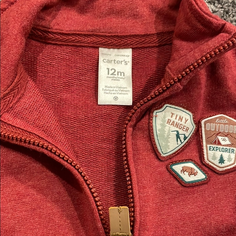 Carters 3 Piece baby boy set - Red Vest, Patterned Onesie, and Dark Jeans - Picture 4 of 12